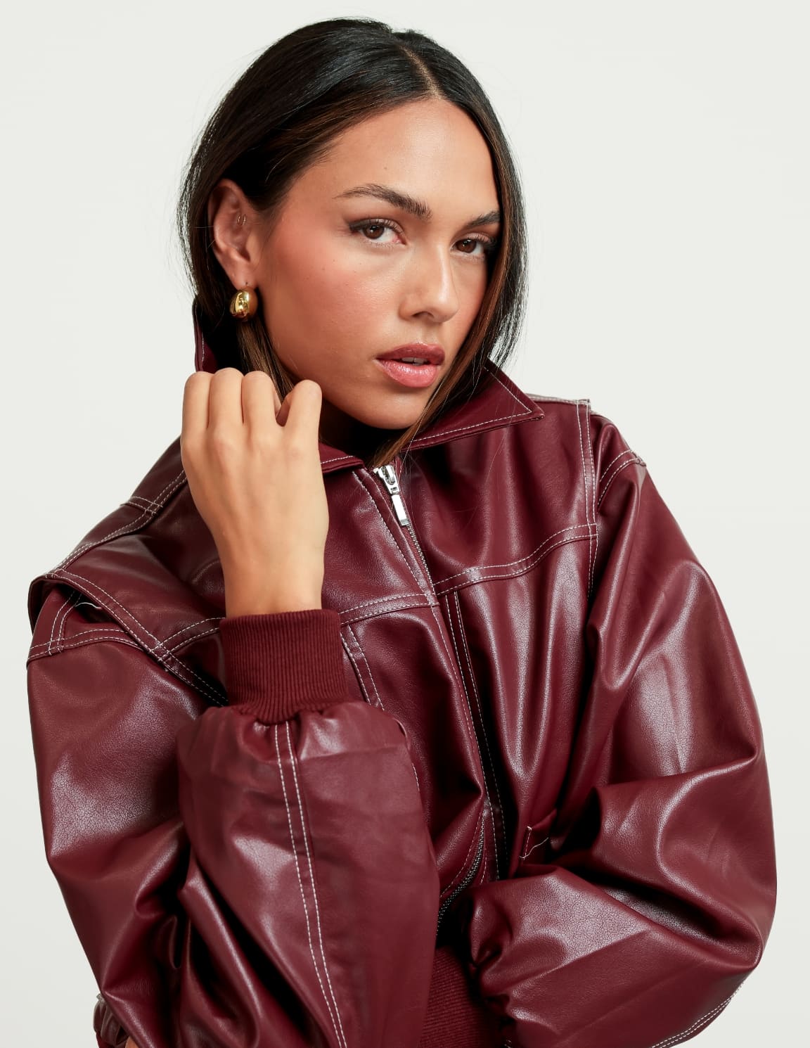 Burgundy Rode PU Leren Wijde - Jas