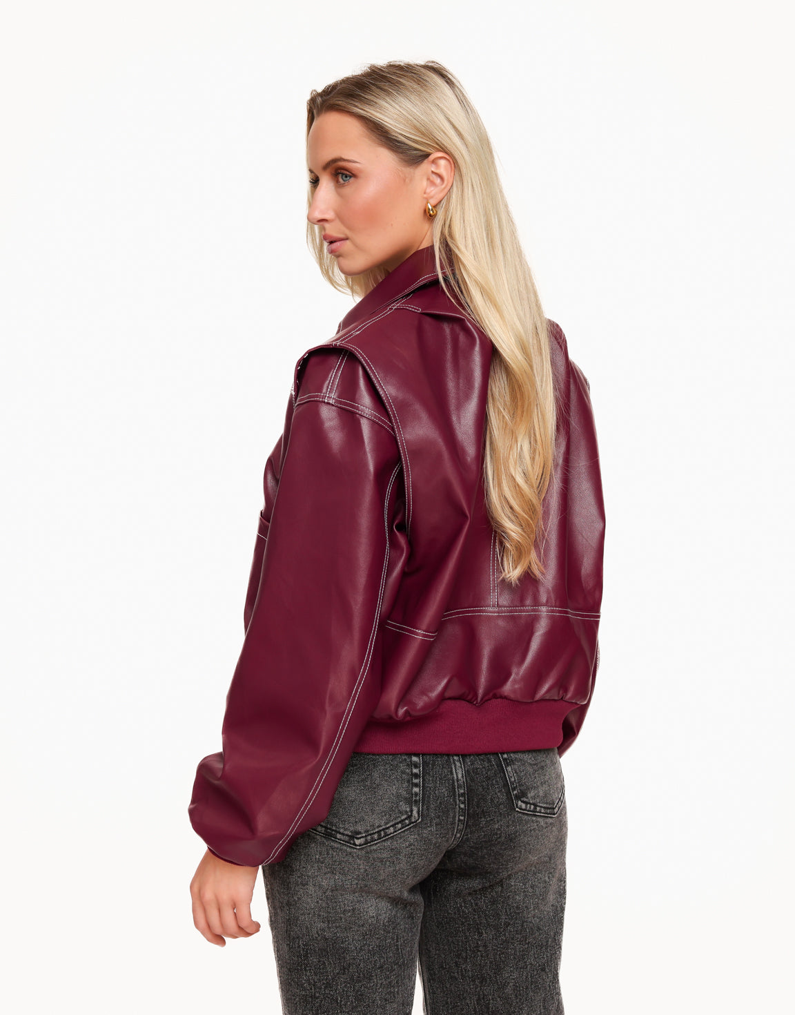 Burgundy Red PU Leather Wide - Jacket