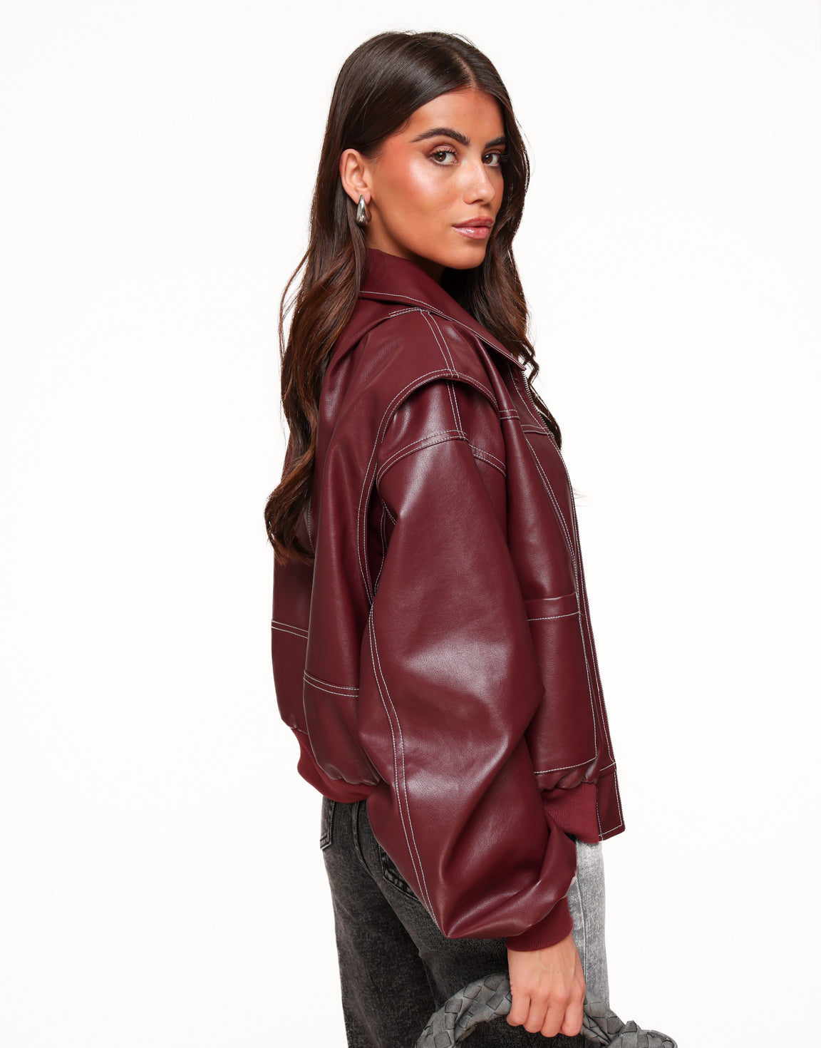 Burgundy Red PU Leather Wide - Jacket