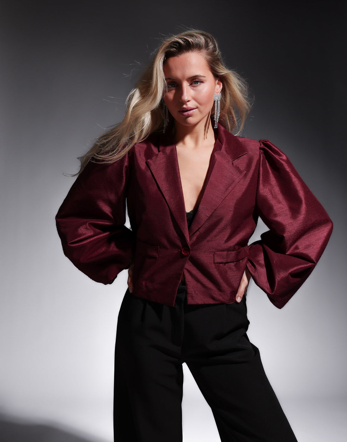 Bordeaux Satin Puff Sleeves LS - Blazer