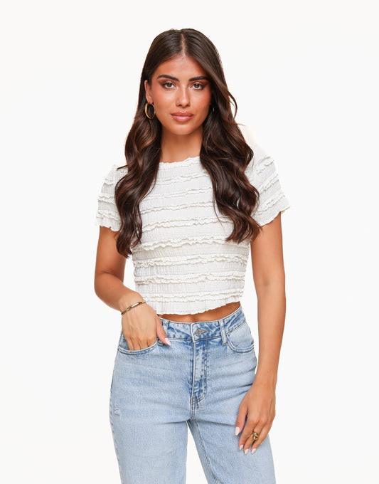 KLEDING-CREME-CROPPED-KORTE-MOUWEN-TOP-LICHTBLAUWE-JEANS-SPIJKERBROEK