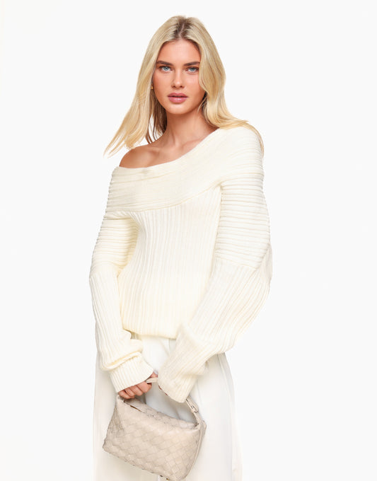 Beige Knitted Off Shoulder - Sweater