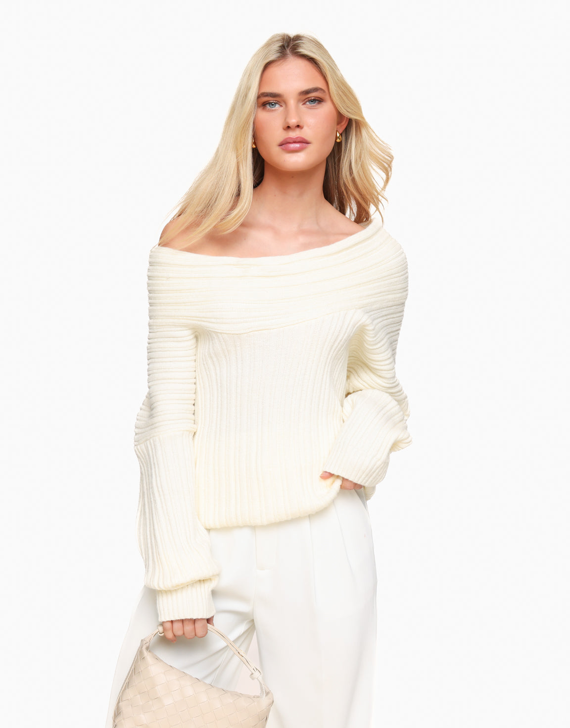 Creme Gebreide Off Shoulder Oversized - Trui