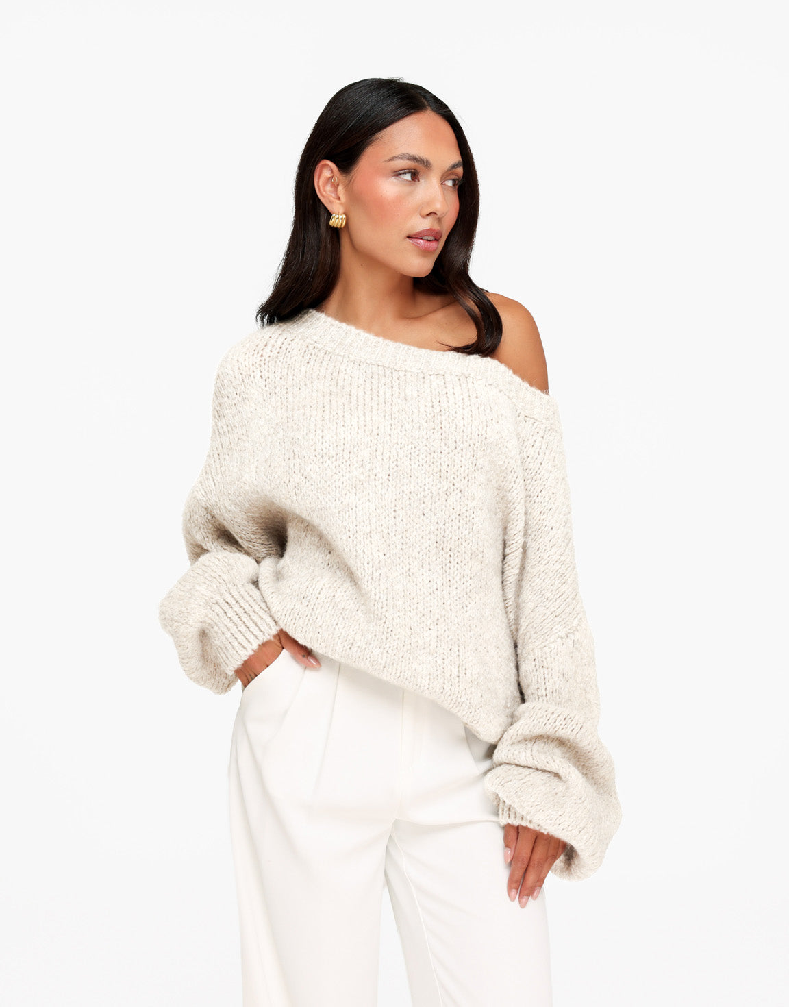 Creme Gebreide Wollen Off Shoulder - Trui