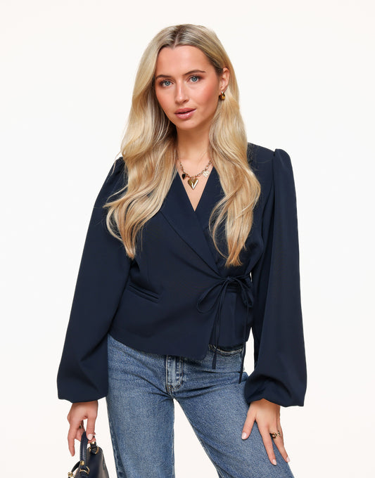 Blue Puff Sleeves Wrapped - Blazer