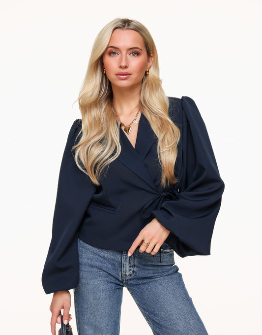 Blue Puff Sleeves Wrapped - Blazer