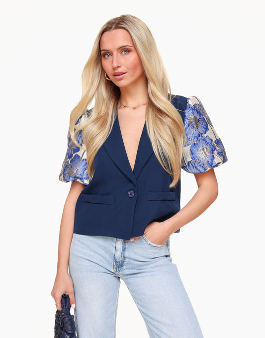 Dark Blue Statement Puff Sleeves Cropped - Blazer