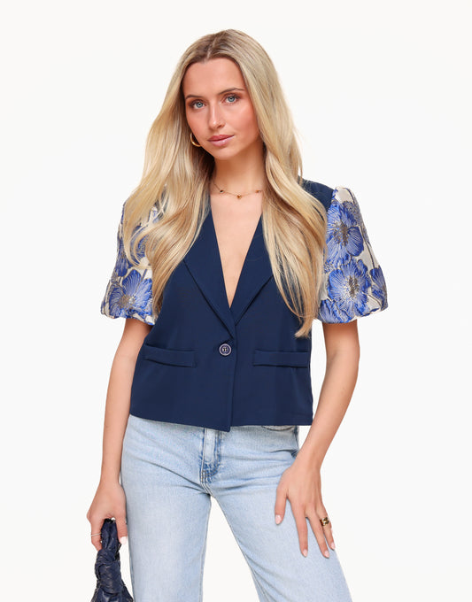 Dark Blue Statement Puff Sleeves Cropped - Blazer