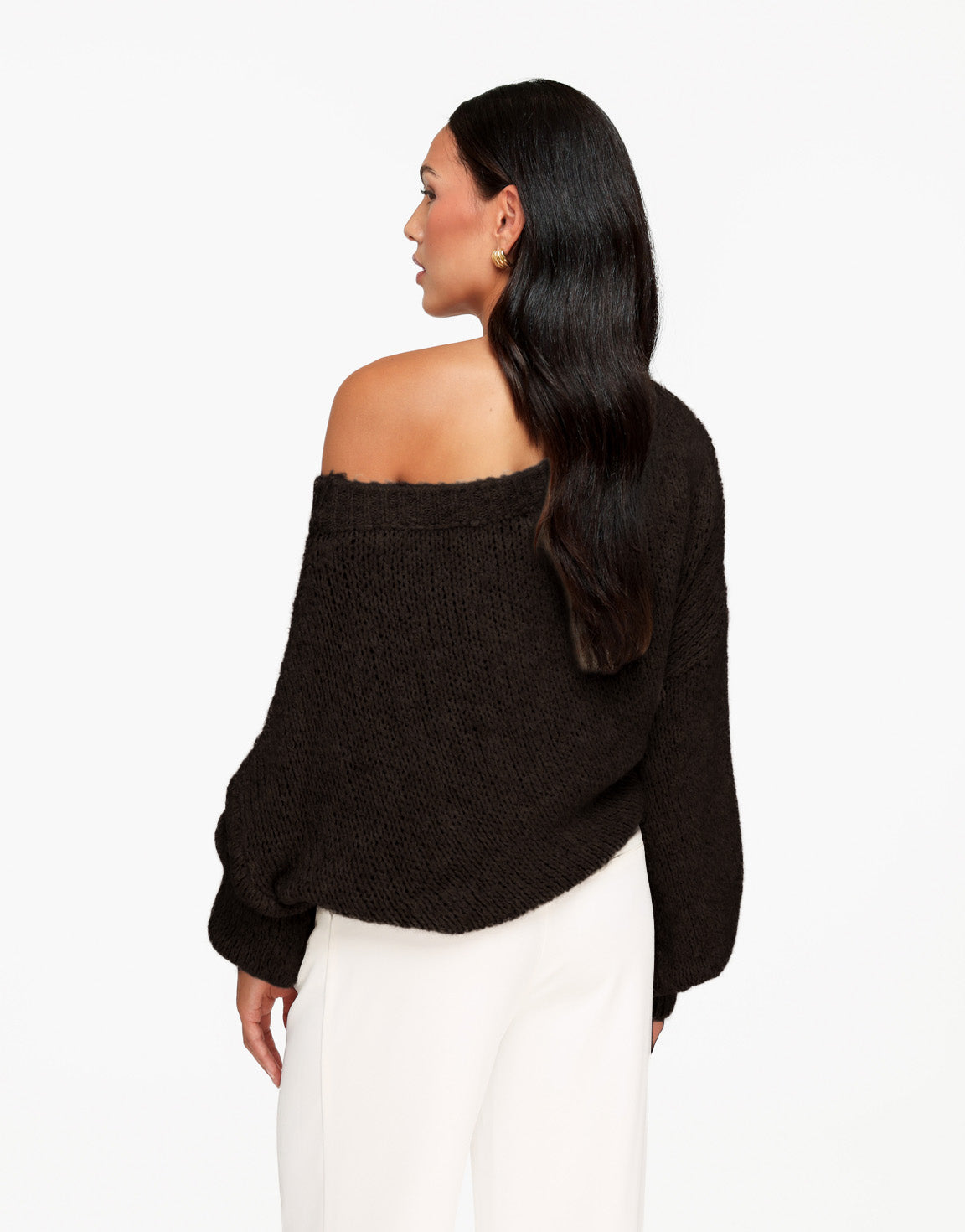 Donkerbruine Gebreide Wollen Off Shoulder - Trui