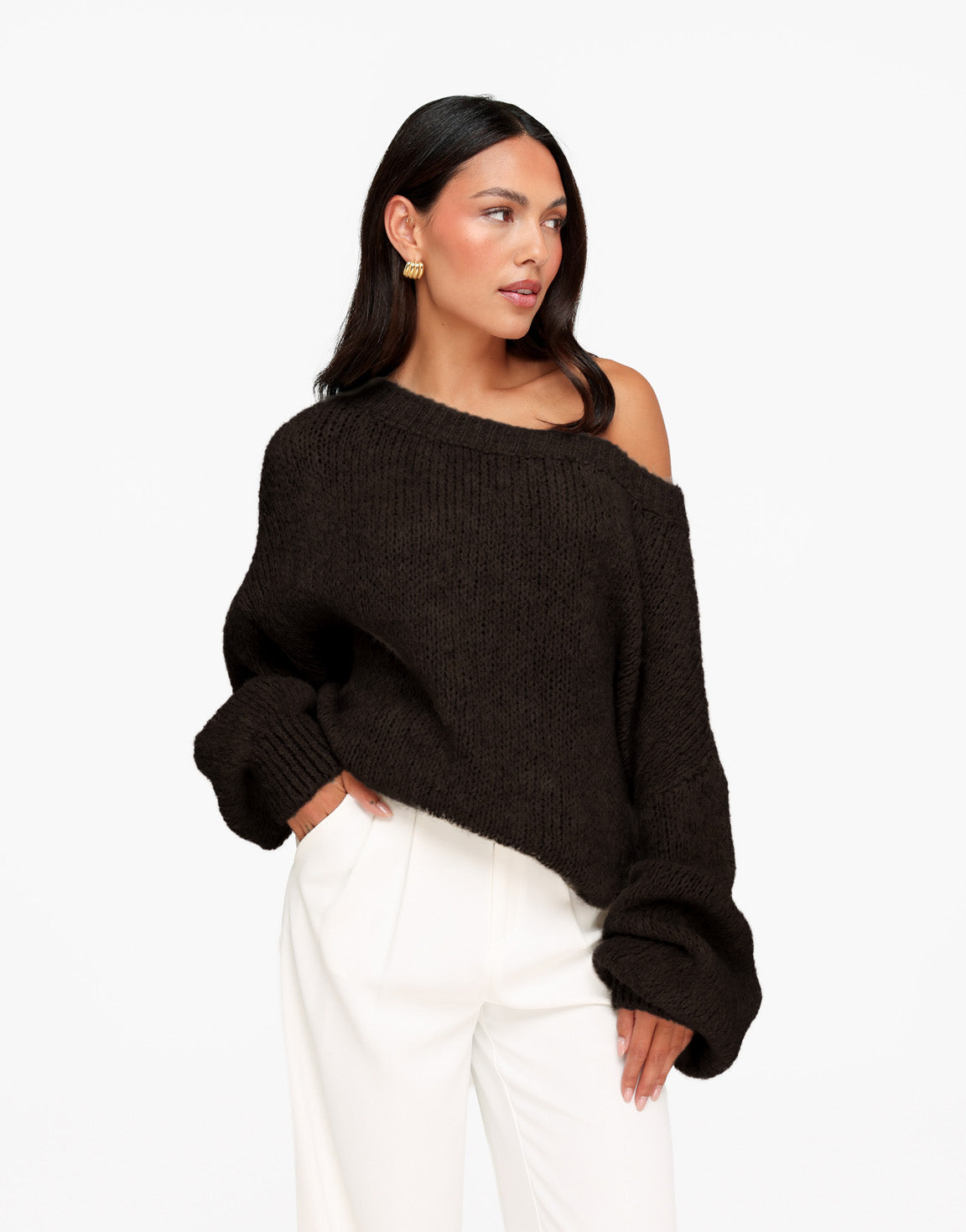Donkerbruine Gebreide Wollen Off Shoulder - Trui