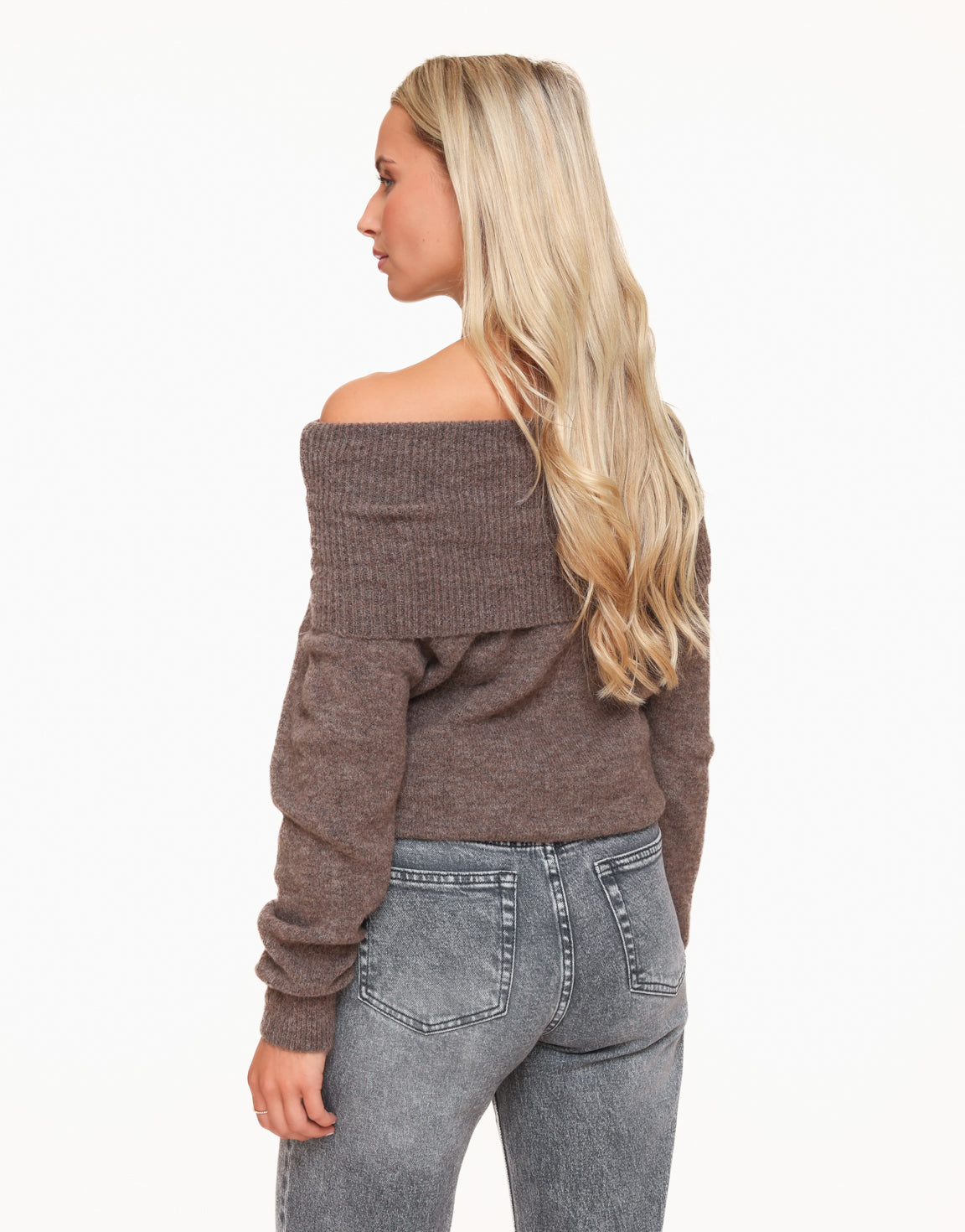 Dark Brown Knitted Off Shoulder - Sweater