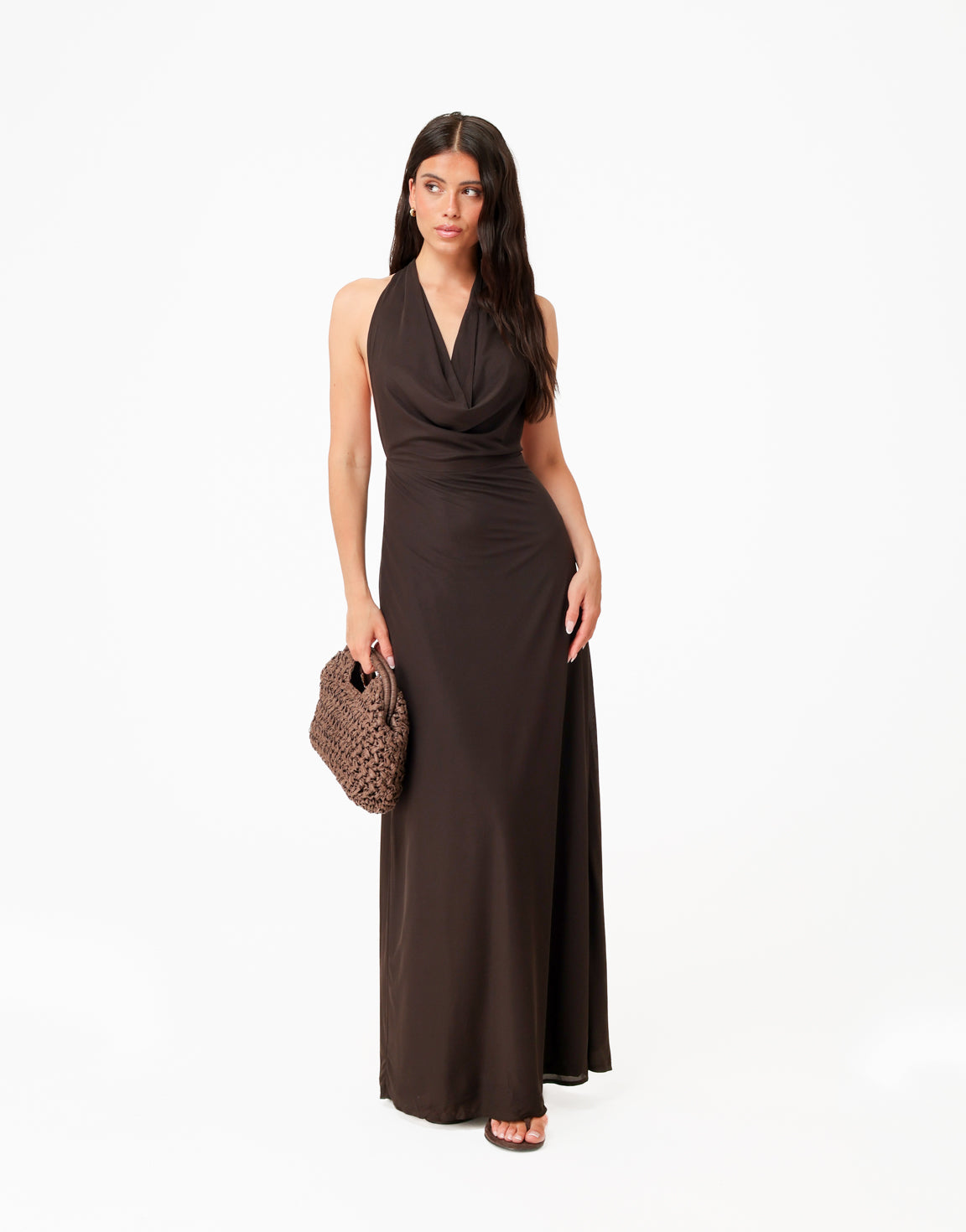 KLEDING-DONKERBRUINE-LANGE-HALTER-MAXI-JURK