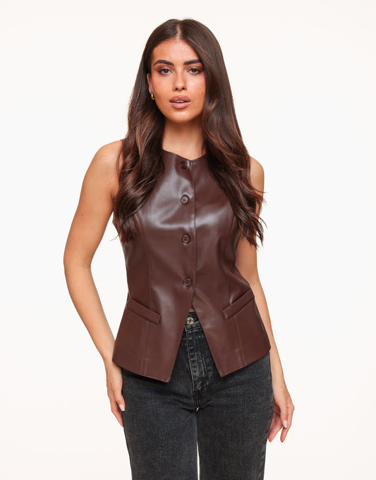 Dark Brown PU Leather High Buttons - Gilet