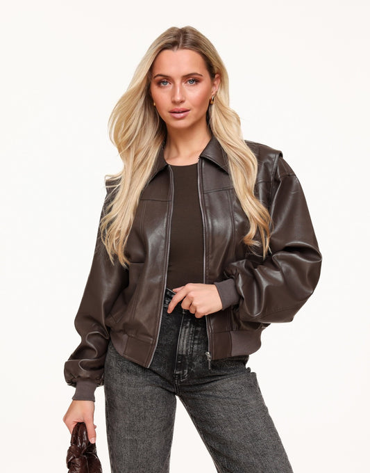 Dark Brown PU Leather Wide - Jacket