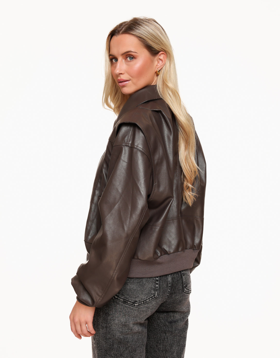 Dark Brown PU Leather Wide - Jacket