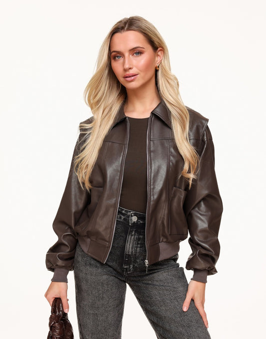 Dark Brown PU Leather Wide - Jacket