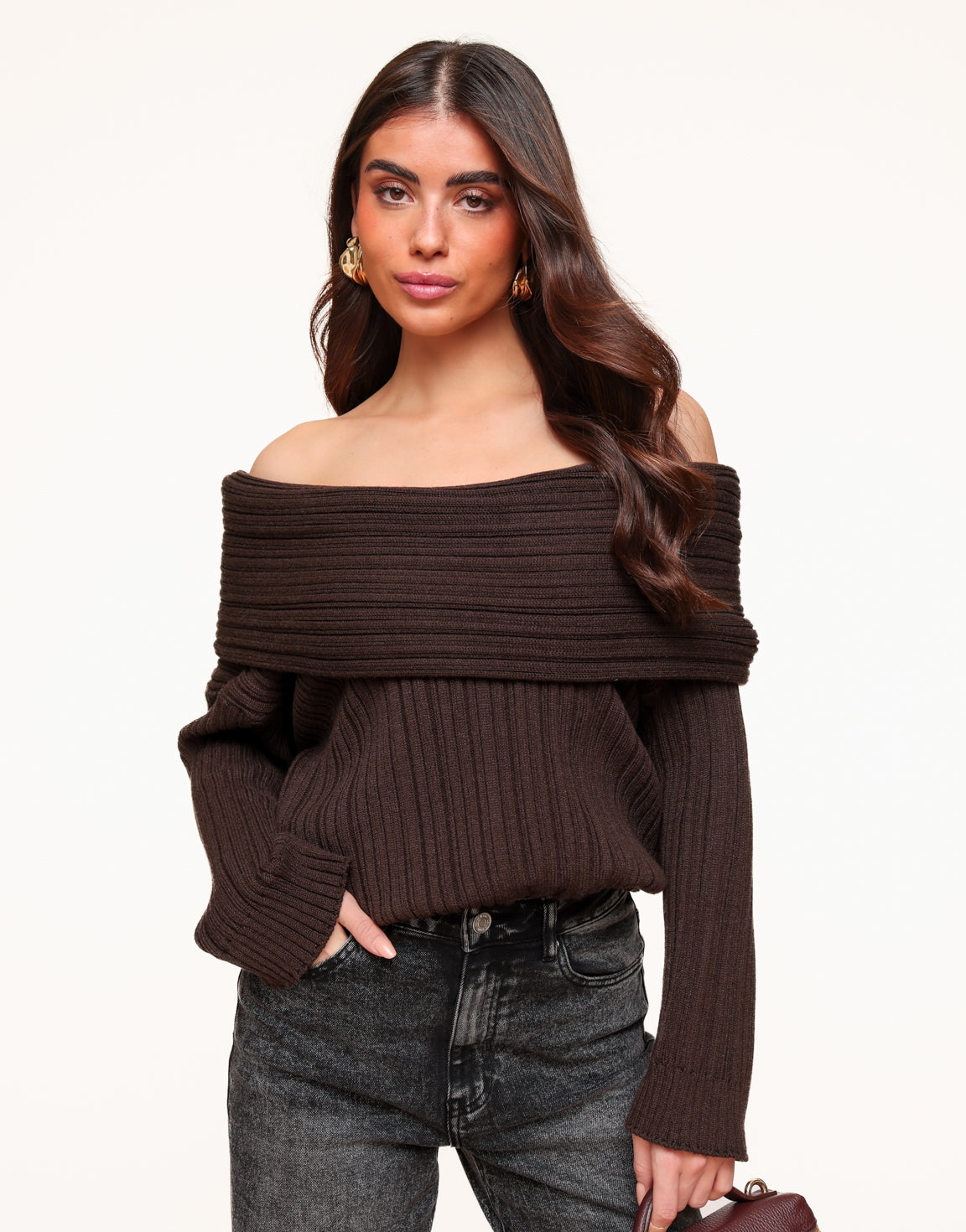 Bruine Gebreide Stevige Off Shoulder - Trui