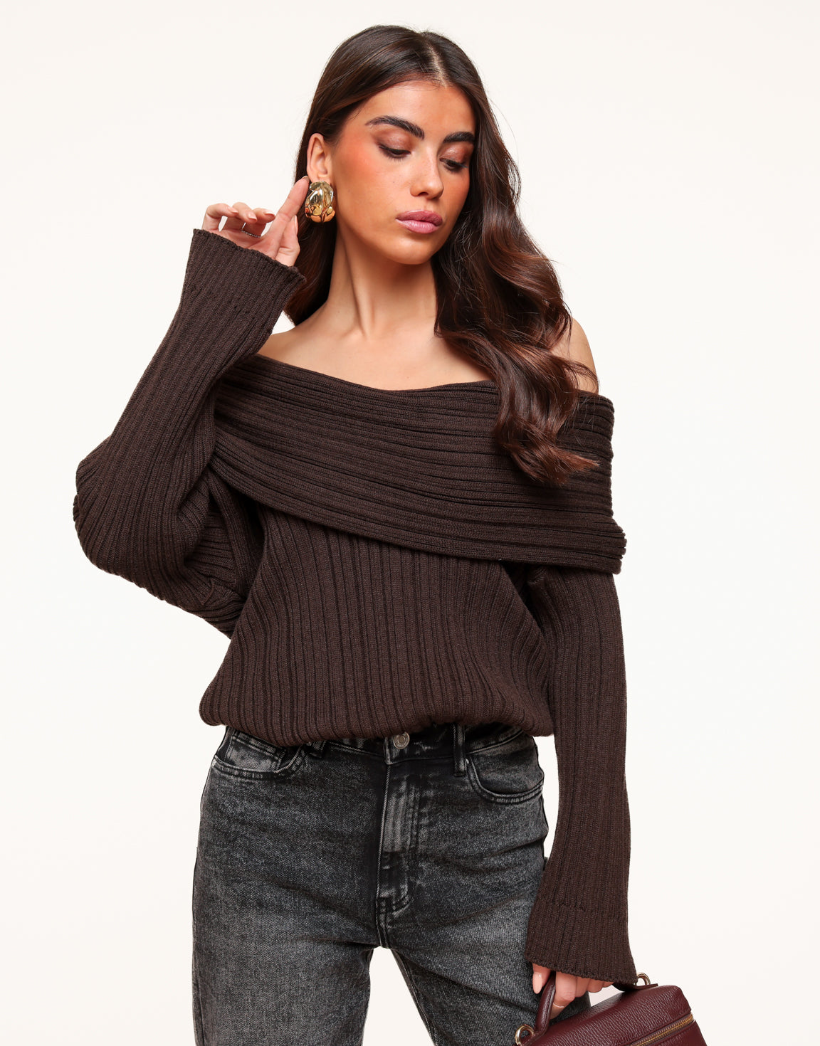 Bruine Gebreide Stevige Off Shoulder - Trui