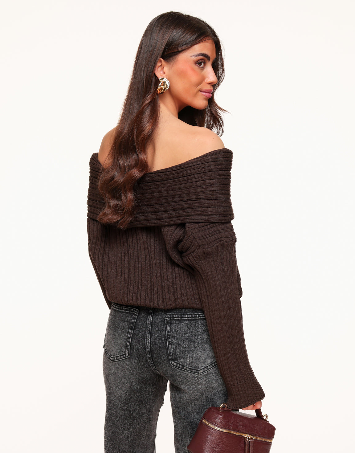 Bruine Gebreide Stevige Off Shoulder - Trui