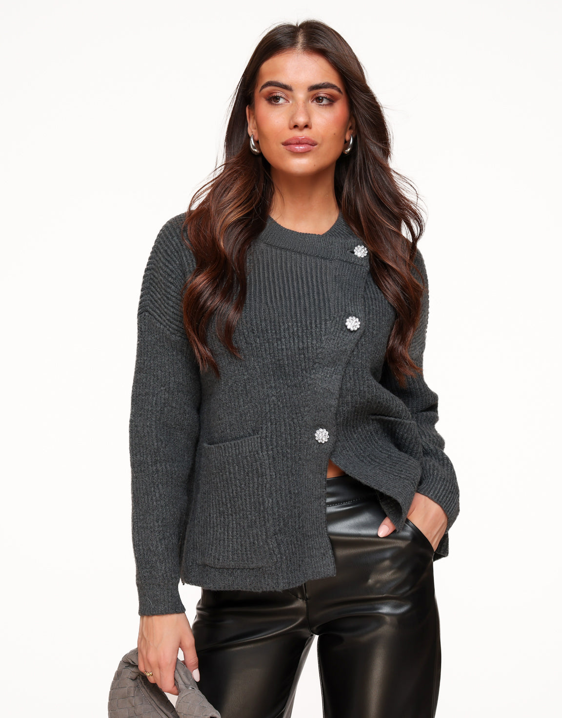 Dark Grey Knitted Slant - Cardigan