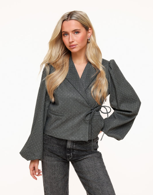 Dark Gray Glitter Stone Puff Sleeves Wrap - Blazer