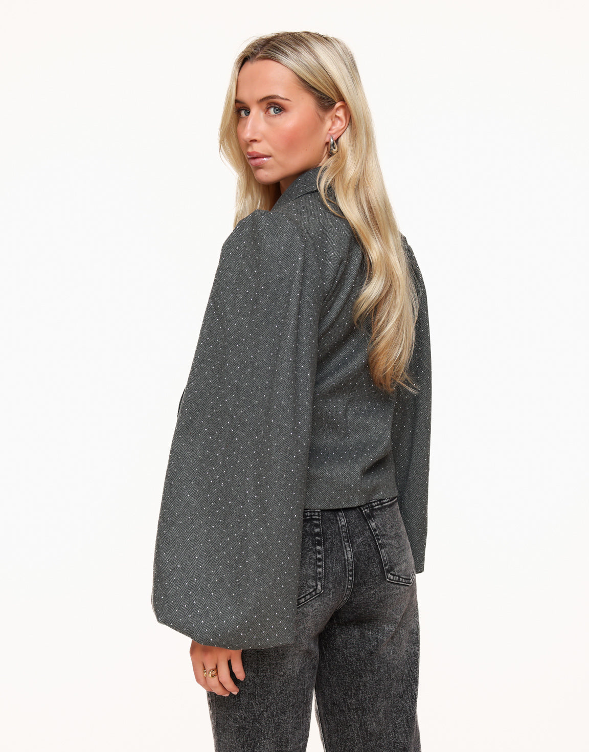 Dark Gray Glitter Stone Puff Sleeves Wrap - Blazer