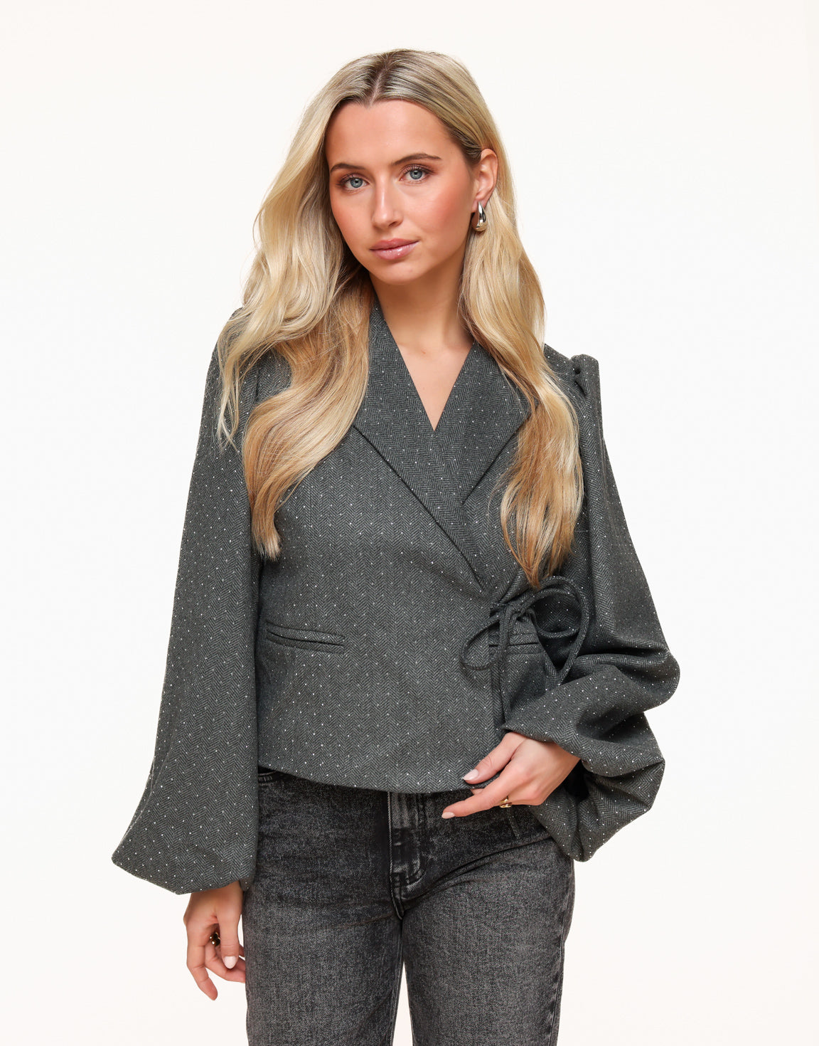 Dark Gray Glitter Stone Puff Sleeves Wrap - Blazer