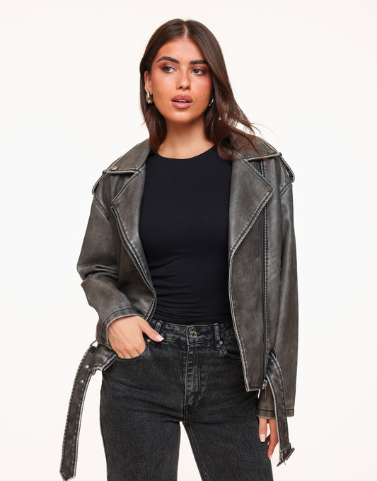 Dark Grey Oversized PU Leather - Jacket