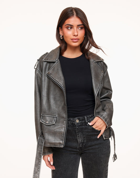 Dark Grey Oversized PU Leather - Jacket