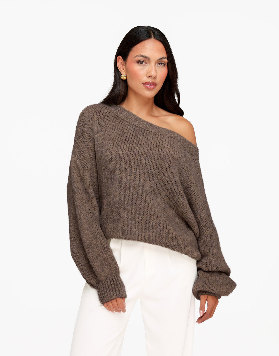 Donker Taupe Gebreide Off Shoulder - Trui
