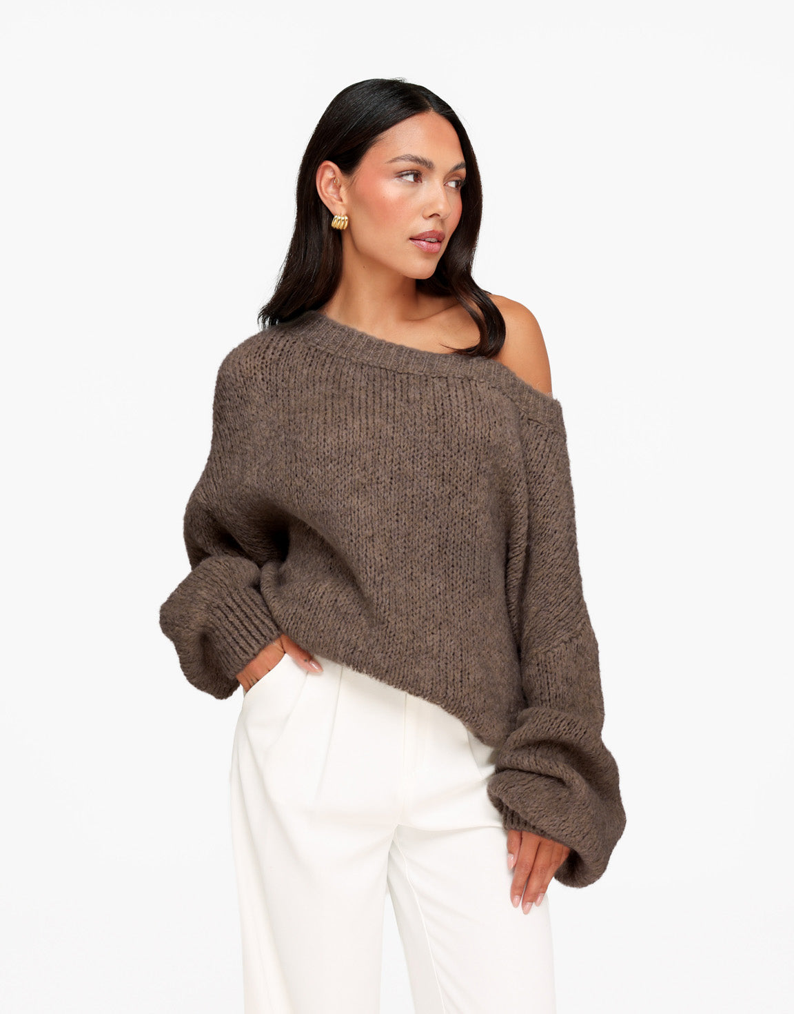 Donker Taupe Gebreide Off Shoulder - Trui