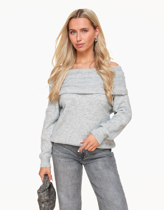 Grijze Gebreide Off Shoulder - Trui