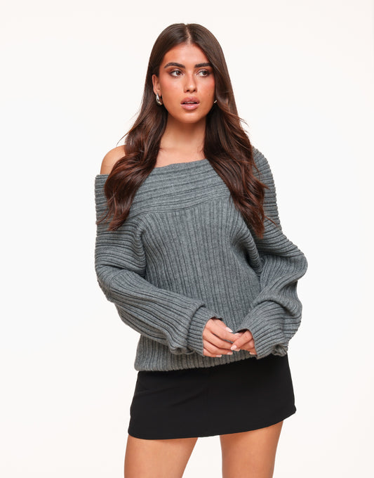 Grey Knitted Off Shoulder - Sweater