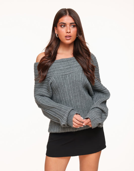 Grijze Off Shoulder Gebreide Oversized - Trui