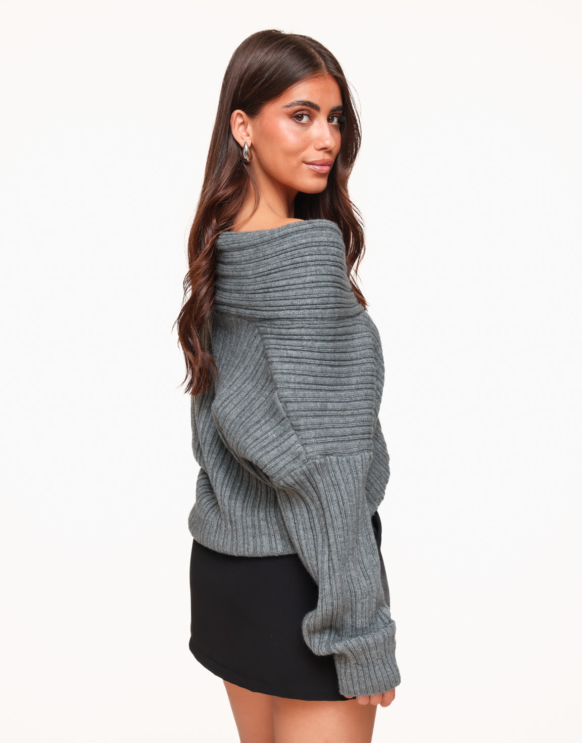 Grijze Off Shoulder Gebreide Oversized - Trui