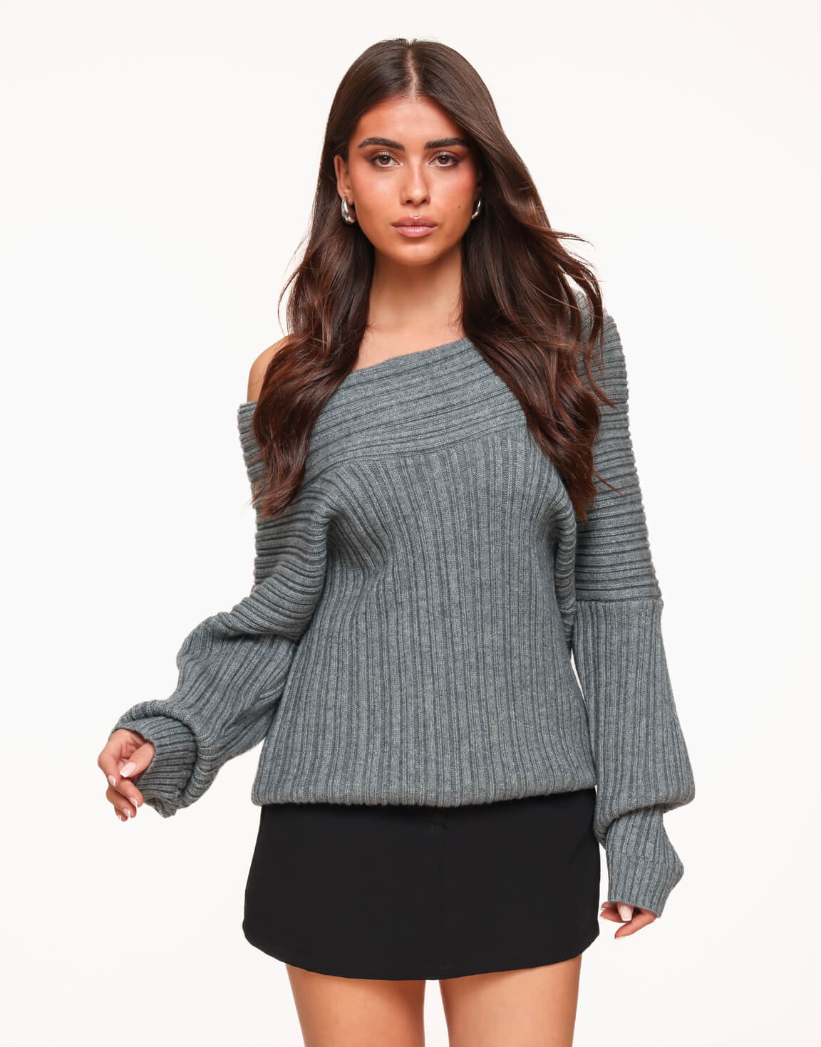 Grey Knitted Off Shoulder - Sweater