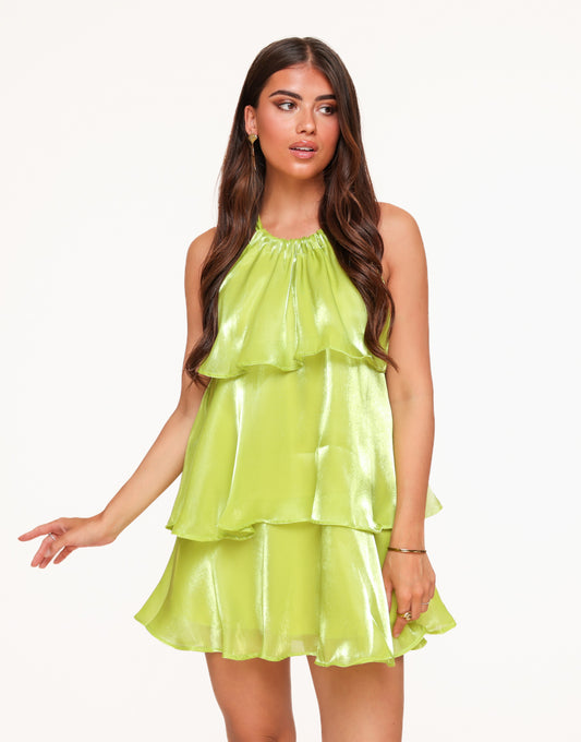 Green Satin Ruffel Halter - Dress