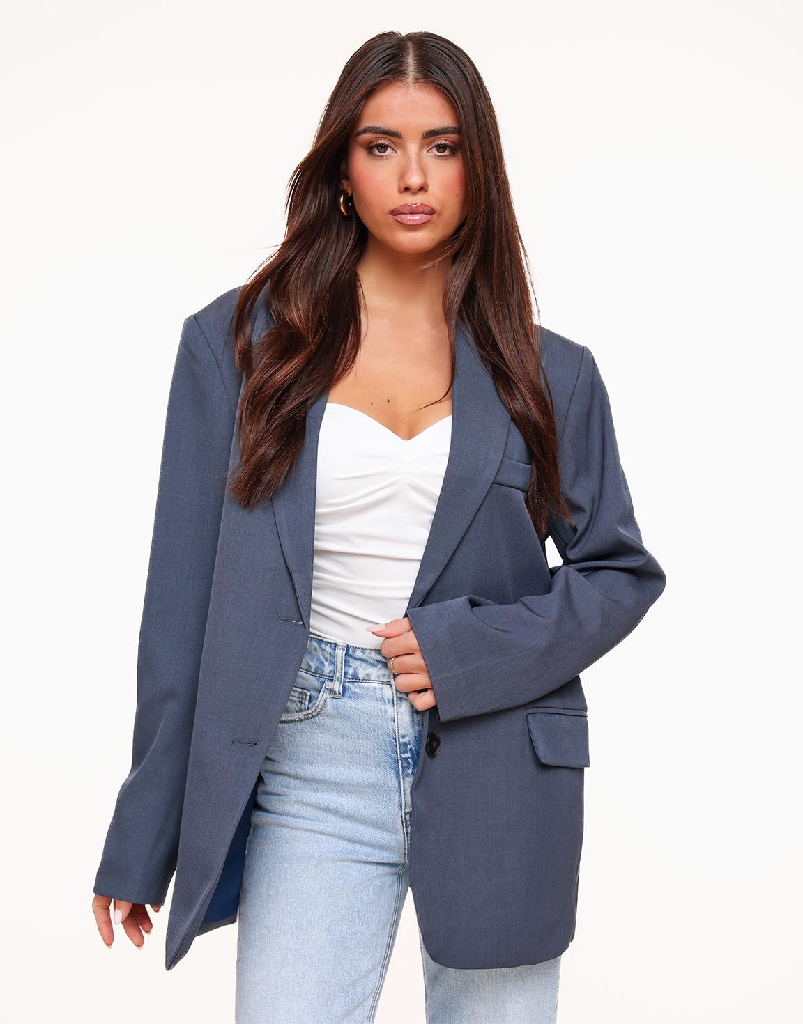 Jeansblauwe Open Rug Oversized - Blazer