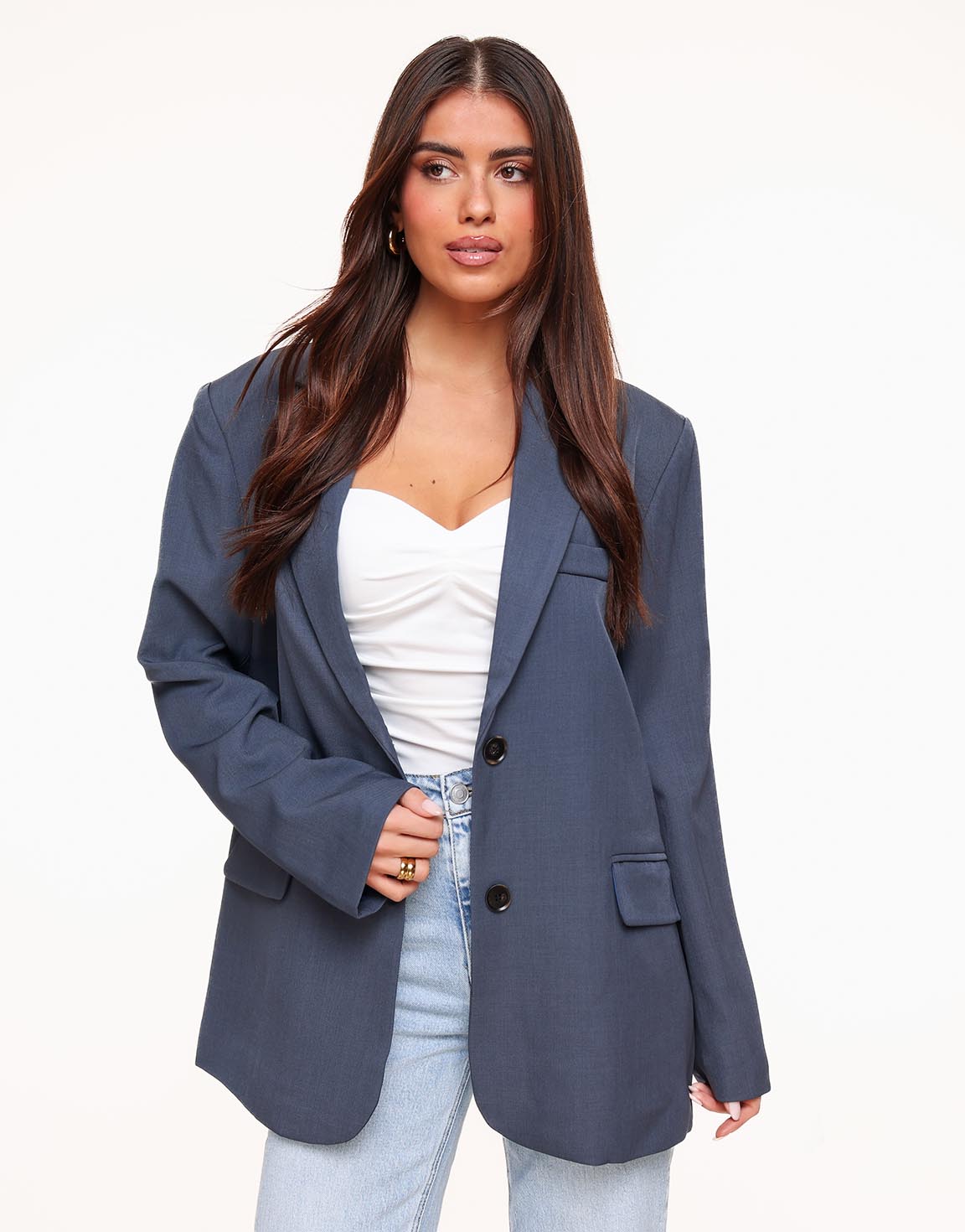 Jeansblauwe Open Rug Oversized - Blazer