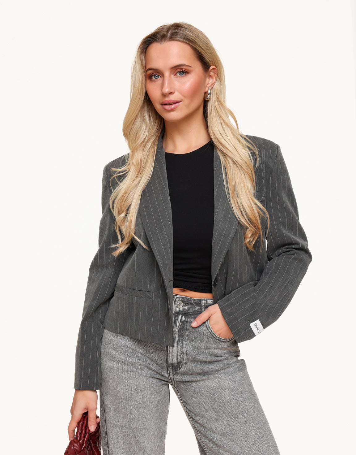 Lichtgrijze Gestreepte Cropped - Blazer