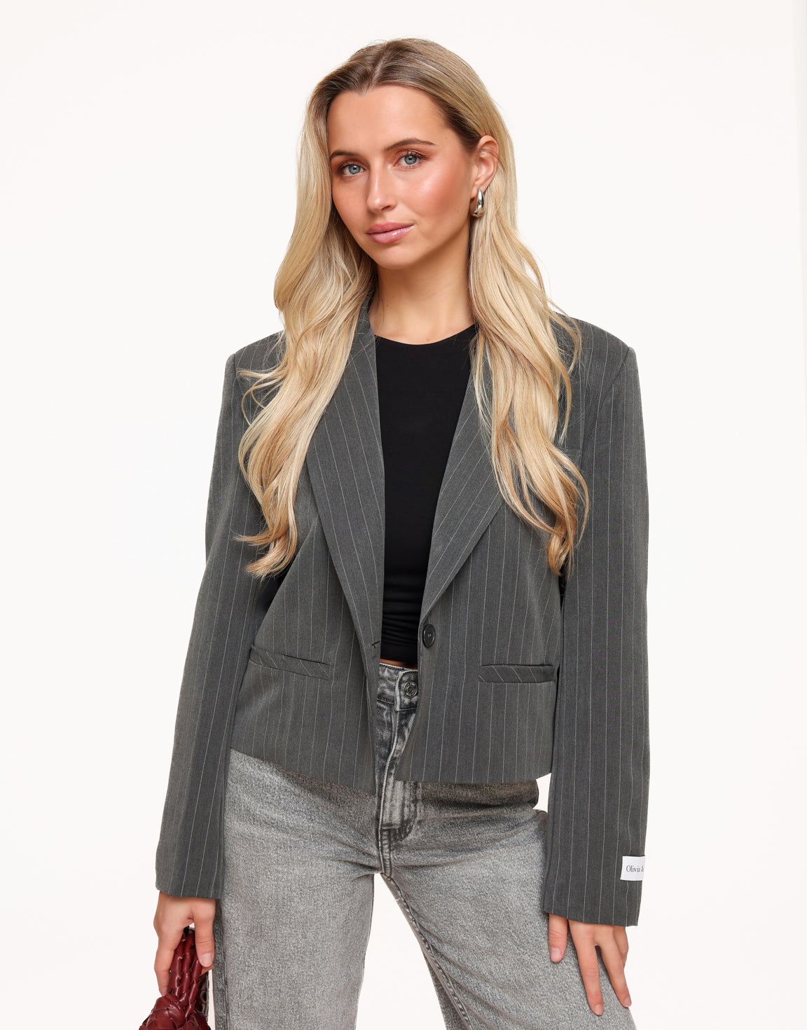 Lichtgrijze Gestreepte Cropped - Blazer