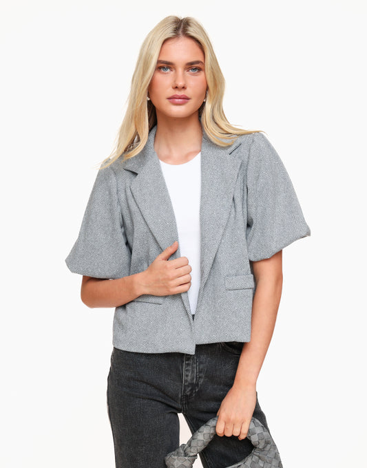 Light Grey Cropped Puff Sleeves Glitter Stones - Blazer