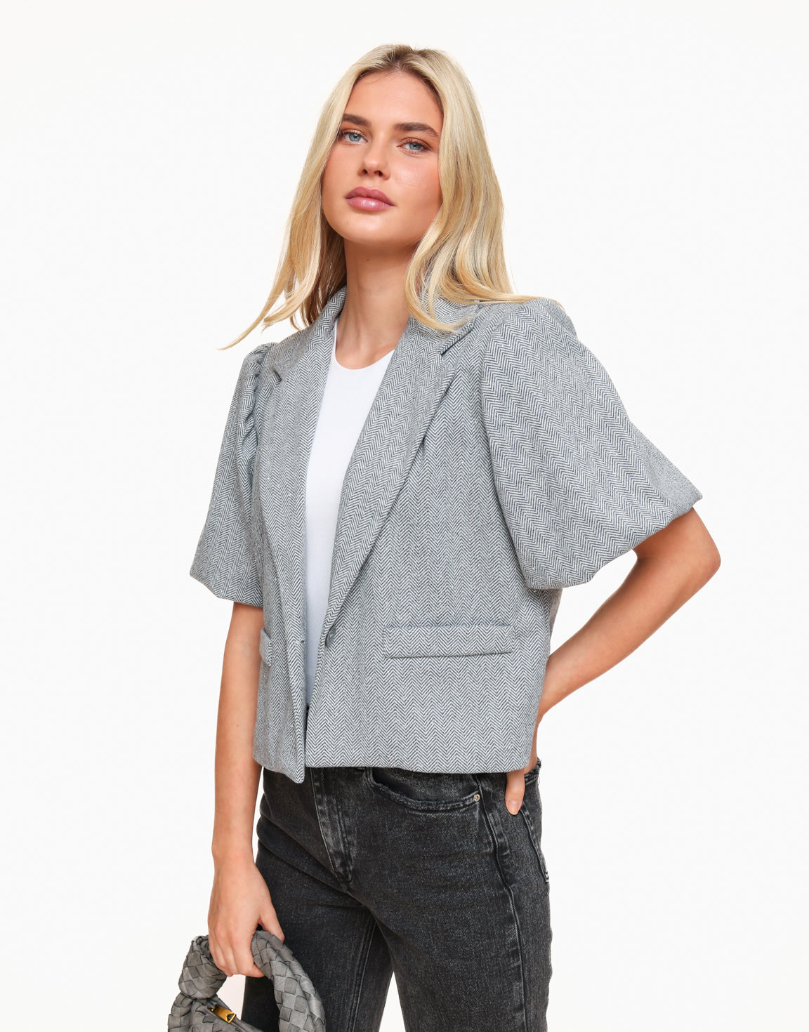 Lichtgrijze Cropped Pofmouwen Glitter Stenen - Blazer