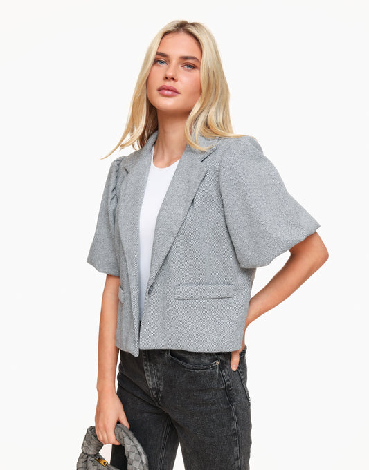 Light Grey Cropped Puff Sleeves Glitter Stones - Blazer