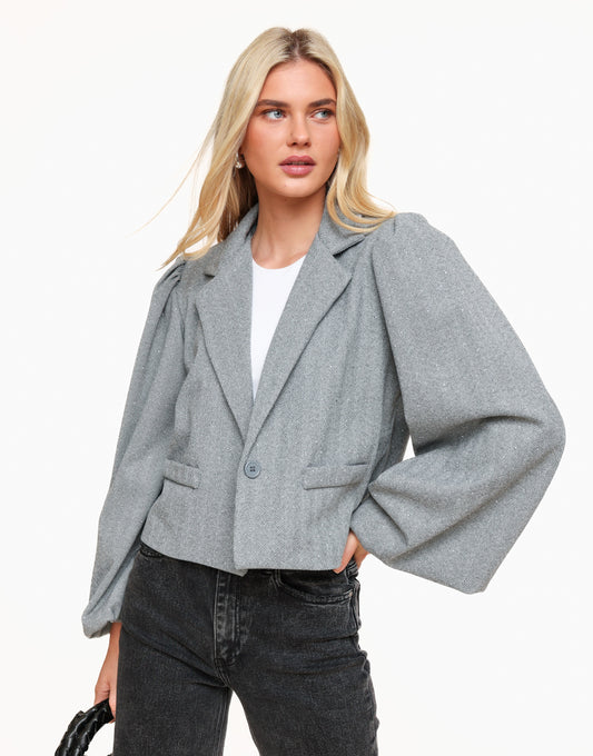 Light Grey Glitter Stones Puff Sleeves LS - Blazer