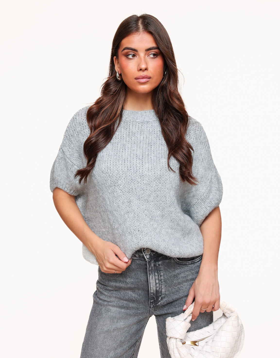 Light Grey Knitted Wool 3/4 Sleeve - Sweater