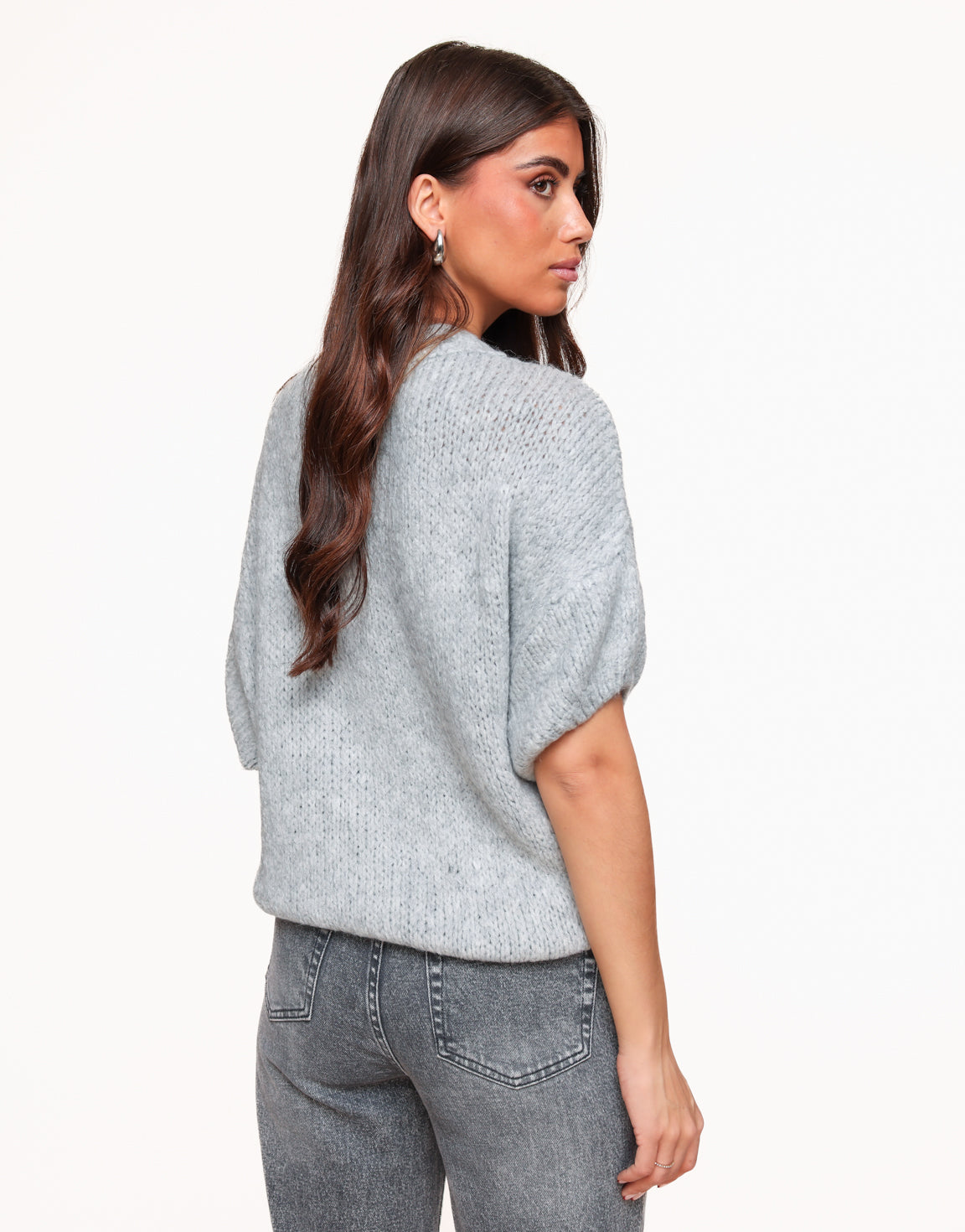 Light Grey Knitted Wool 3/4 Sleeve - Sweater