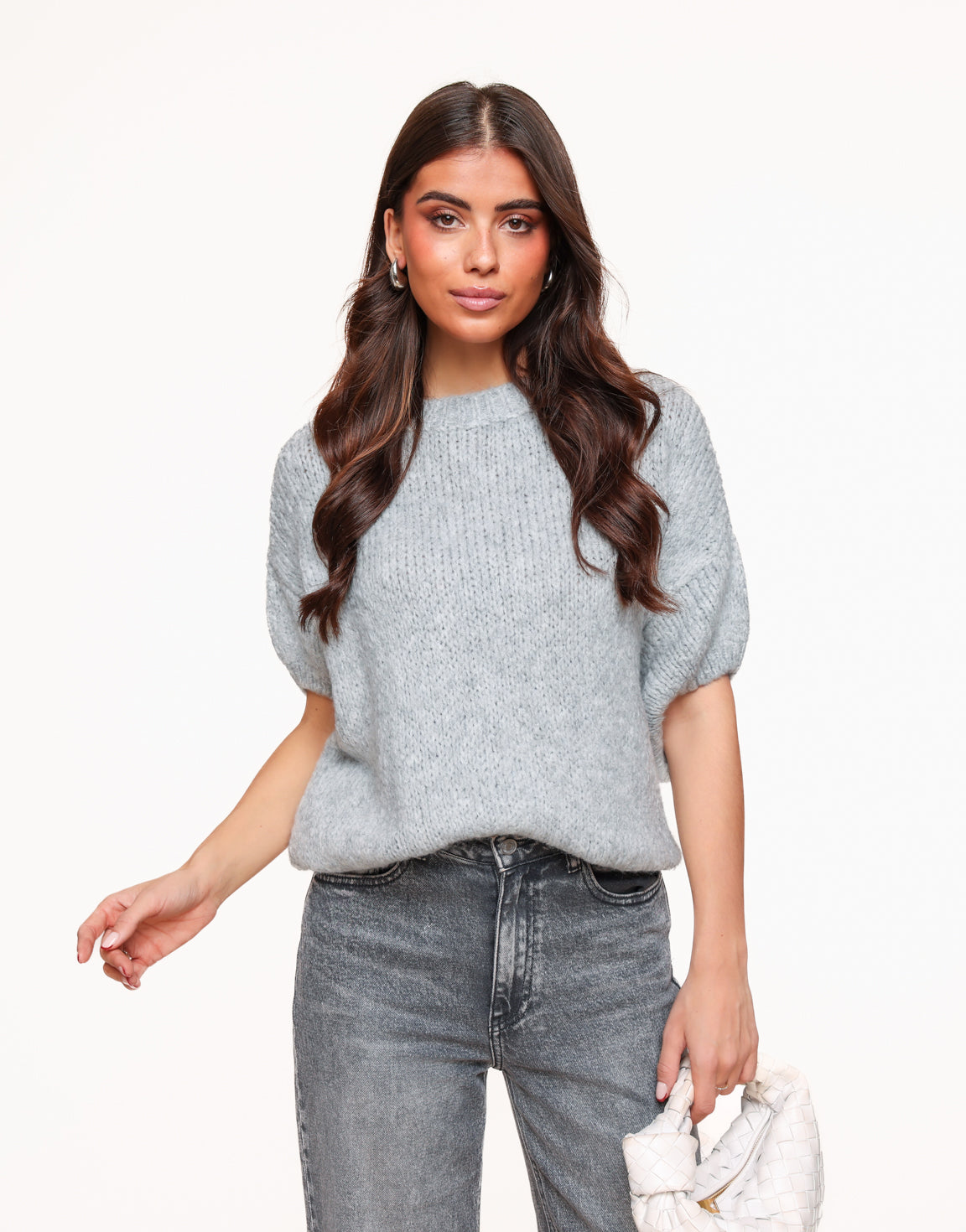 Light Grey Knitted Wool 3/4 Sleeve - Sweater