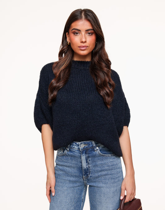 Navy Knitted Wool 3/4 Sleeves - Sweater