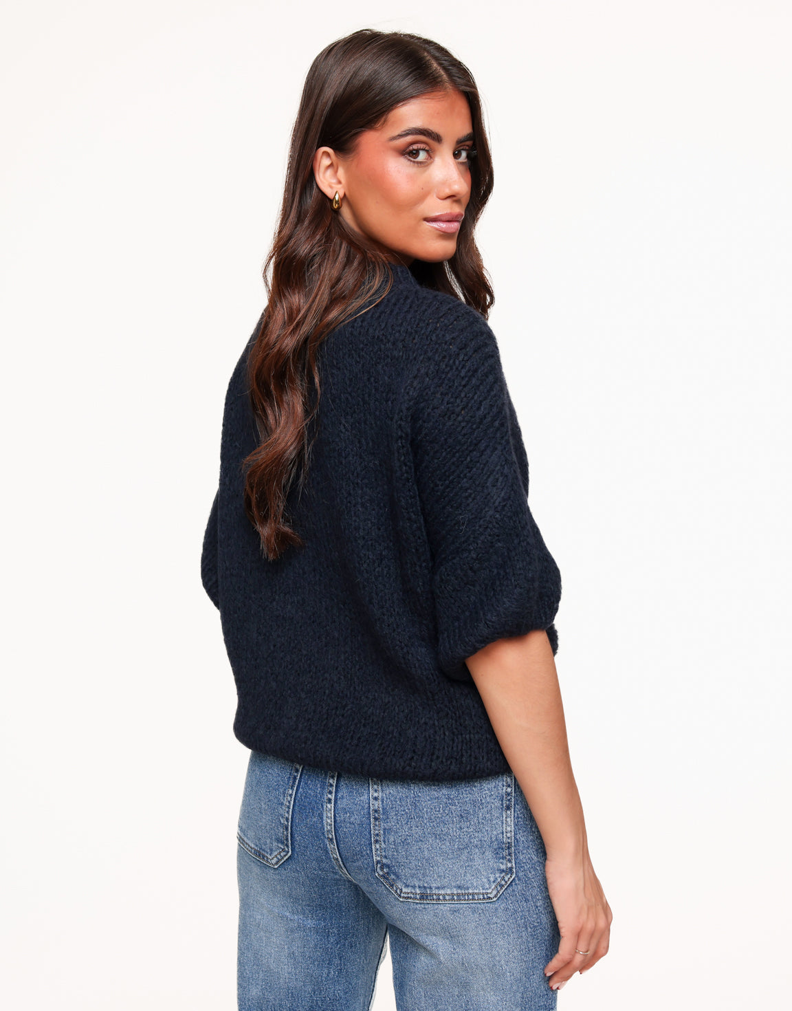 Navy Knitted Wool 3/4 Sleeves - Sweater